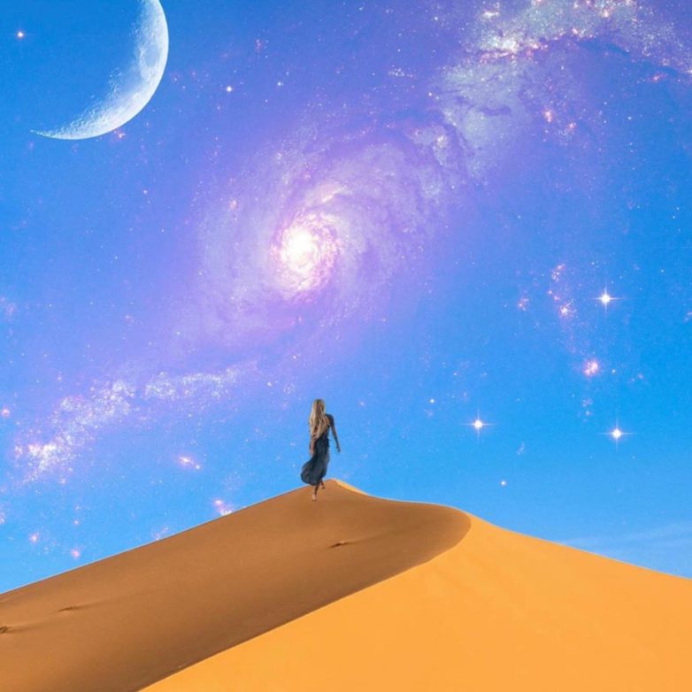 An artistic design of a woman walking on a dune with galaxy sky made with Bazaart photo editor