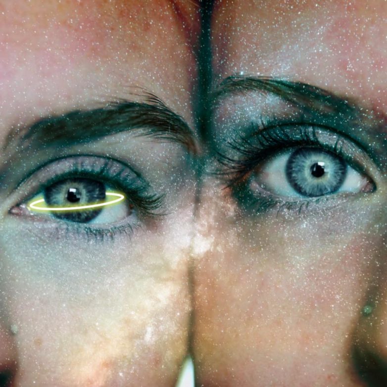 An artistic design of two women eyes with neon element made with Bazaart photo editor