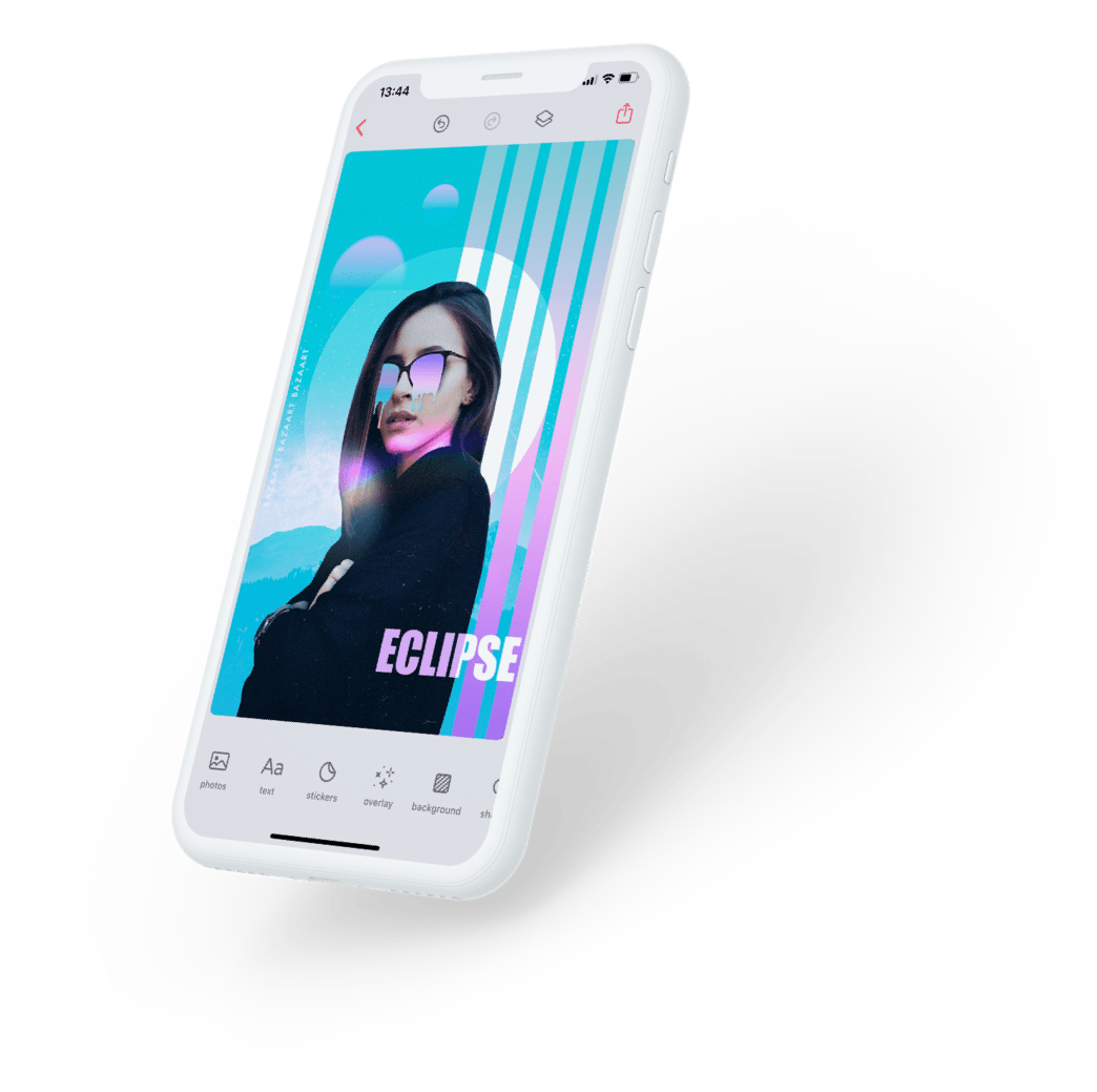 An artistic design of a woman with dripping glasses made with Bazaart photo editor inside the app's interface